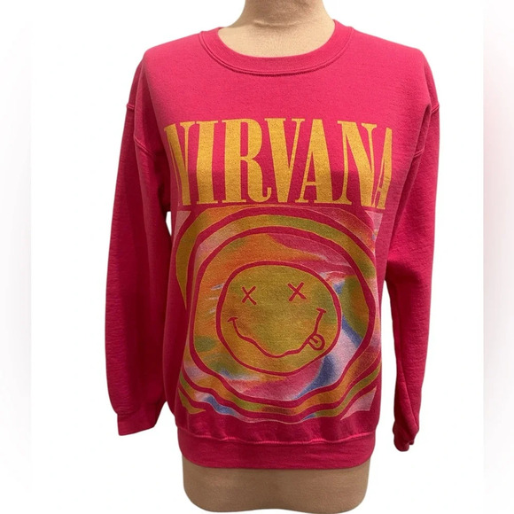 Nirvana Pink Smiley Face Graphic Sweatshirt Size Small Band Crewneck Pullover - Picture 1 of 7